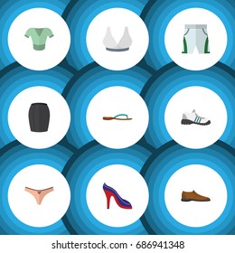Flat Icon Dress Set Of Stylish Apparel, Brasserie, Trunks Cloth And Other Vector Objects. Also Includes Cloth, Panties, Skirt Elements.