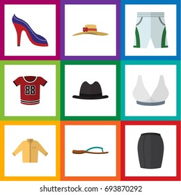 Flat Icon Dress Set Of Stylish Apparel, Elegant Headgear, Banyan And Other Vector Objects. Also Includes Shorts, Skirt, Trunks Elements.