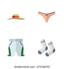 Flat Icon Dress Set Of Trunks Cloth, Elegant Headgear, Lingerie And Other Vector Objects. Also Includes Panties, Lingerie, Shorts Elements.