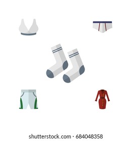 Flat Icon Dress Set Of Trunks Cloth, Clothes, Foot Textile And Other Vector Objects. Also Includes Sport, Shorts, Briefs Elements.