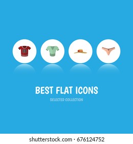 Flat Icon Dress Set Of T-Shirt, Lingerie, Elegant Headgear And Other Vector Objects. Also Includes Headgear, Clothes, Underwear Elements.
