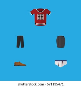 Flat Icon Dress Set Of T-Shirt, Underclothes, Male Footware And Other Vector Objects. Also Includes Apparel, Shirt, Blouse Elements.