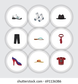 Flat Icon Dress Set Of T-Shirt, Pants, Sneakers And Other Vector Objects. Also Includes Flip, Tie, Hat Elements.