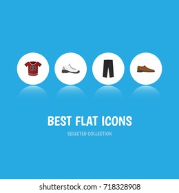 Flat Icon Dress Set Of T-Shirt, Male Footware, Sneakers And Other Vector Objects. Also Includes Pants, Uniform, Shoe Elements.