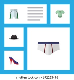 Flat Icon Dress Set Of Underclothes, Heeled Shoe, Trunks Cloth And Other Vector Objects. Also Includes Briefs, Clothes, Blouse Elements.