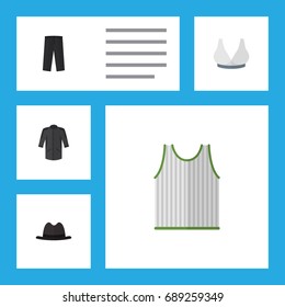 Flat Icon Dress Set Of Uniform, Pants, Brasserie And Other Vector Objects. Also Includes Sport, Hat, Tank Elements.