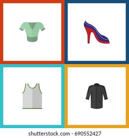 Flat Icon Dress Set Of Uniform, Singlet, Heeled Shoe And Other Vector Objects. Also Includes Tank, Clothes, Shoes Elements.