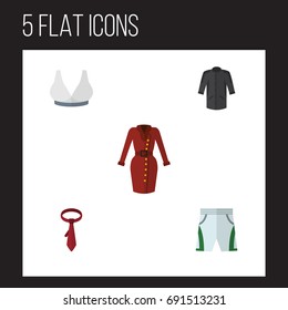 Flat Icon Dress Set Of Uniform, Brasserie, Trunks Cloth And Other Vector Objects. Also Includes Bra, Tie, Garment Elements.