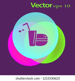 Flat icon. Drink with a straw and a hamburger. Food and drink.