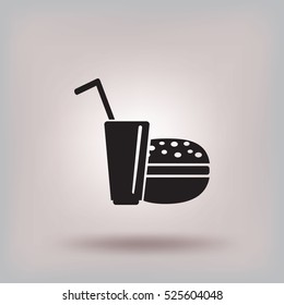 Flat icon. Drink with a straw and a hamburger. Food and drink.