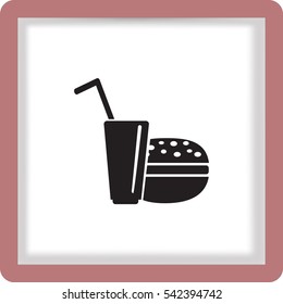 Flat icon. Drink with a straw and a hamburger. Food and drink.