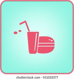 Flaches Symbol. Trinken Sie mit einem Strohhalm und einem Hamburger. Essen und Trinken.