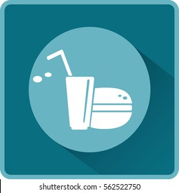 Flat icon. Drink with a straw and a hamburger. Food and drink.