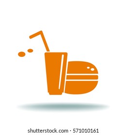 Flat icon. Drink with a straw and a hamburger. Food and drink.