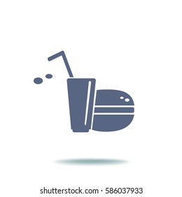 Flaches Symbol. Trinken Sie mit einem Strohhalm und einem Hamburger. Essen und Trinken.