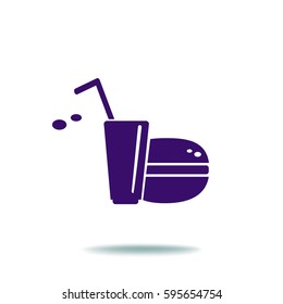 Flat icon. Drink with a straw and a hamburger. Food and drink.