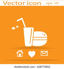 Flat icon. Drink with a straw and a hamburger. Food and drink.