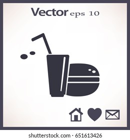 Flat icon. Drink with a straw and a hamburger. Food and drink.