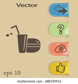 Flat icon. Drink with a straw and a hamburger. Food and drink.