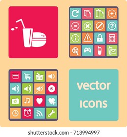 Flat icon. Drink with a straw and a hamburger. Food and drink.