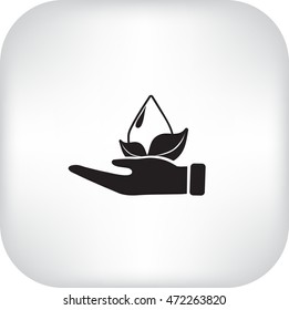 Flat icon. A drop of water on a leaf. On the palm.