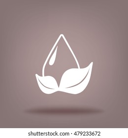 Flat icon. A drop of water on a leaf.