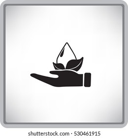 Flat icon. A drop of water on a leaf. On the palm.