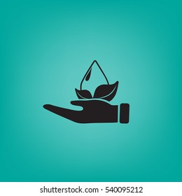 Flat icon. A drop of water on a leaf. On the palm.
