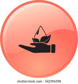 Flat icon. A drop of water on a leaf. On the palm.