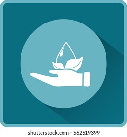 Flat icon. A drop of water on a leaf. On the palm.