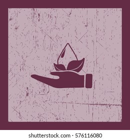Flaches Symbol. Ein Wassertropfen auf einem Blatt. Auf der Palme.