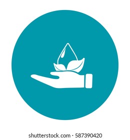 Flat icon. A drop of water on a leaf. On the palm.