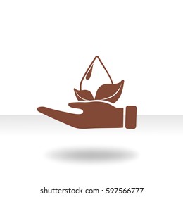 Flat icon. A drop of water on a leaf. On the palm.