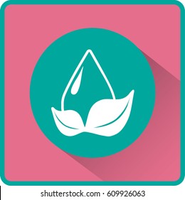Flaches Symbol. Ein Wassertropfen auf einem Blatt.