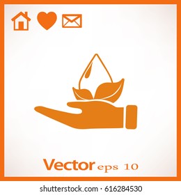 Flat icon. A drop of water on a leaf. On the palm.