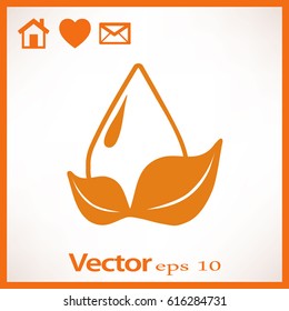 Flat icon. A drop of water on a leaf.