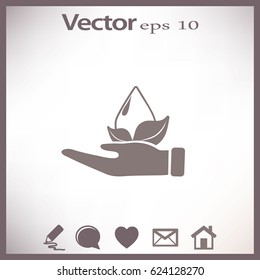 Flat icon. A drop of water on a leaf. On the palm.