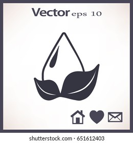Flat icon. A drop of water on a leaf.