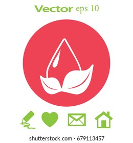 Flat icon. A drop of water on a leaf.