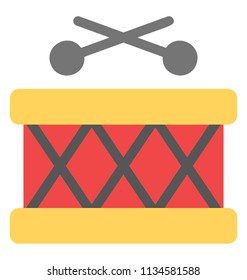 
A flat icon of a drum along with its sticks. 
