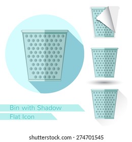 flat icon with dustbin or wastebaskets empty objects on white with oval long shadow and folded corner