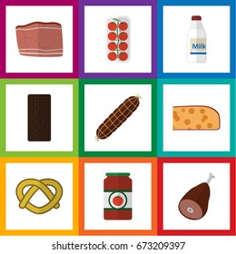 Flat Icon Eating Set Of Beef, Smoked Sausage, Cheddar Slice And Other Vector Objects. Also Includes Biscuit, Holland, Ham Elements.