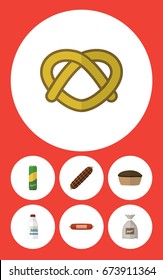Flat Icon Eating Set Of Bottle, Kielbasa, Cookie And Other Vector Objects. Also Includes Pie, Tasty, Biscuit Elements.