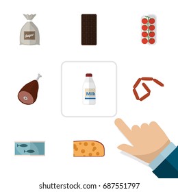 Flat Icon Eating Set Of Bottle, Tin Tuna, Tomato And Other Vector Objects. Also Includes Confection, Sausage, Hotdog Elements.