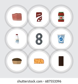 Flat Icon Eating Set Of Bottle, Ketchup, Beef And Other Vector Objects. Also Includes Chocolate, Custard, Tasty Elements.