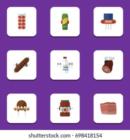 Flat Icon Eating Set Of Bottle, Spaghetti, Beef And Other Vector Objects. Also Includes Tomato, Beef, Meat Elements.