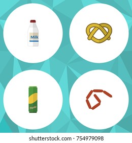 Flat Icon Eating Set Of Bottle, Cookie, Bratwurst And Other Vector Objects. Also Includes Pretzel, Milk, Sausage Elements.