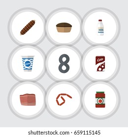 Flat Icon Eating Set Of Bratwurst, Bottle, Beef And Other Vector Objects. Also Includes Sausage, Drink, Bottle Elements.