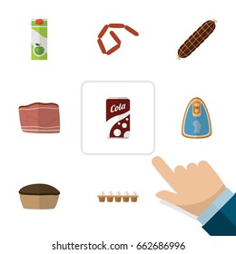 Flat Icon Eating Set Of Bratwurst, Beef, Fizzy Drink And Other Vector Objects. Also Includes Cola, Tart, Apple Elements.