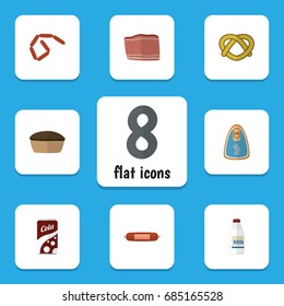 Flat Icon Eating Set Of Bratwurst, Fizzy Drink, Canned Chicken And Other Vector Objects. Also Includes Cookie, Meat, Breakfast Elements.